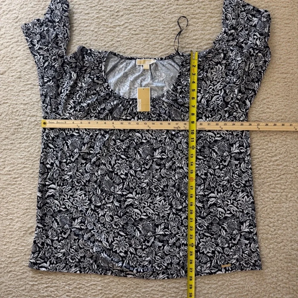 NWT Michael Kors Women 2X Blouse Black White Floral Bell Sleeve Cotton Modal Top